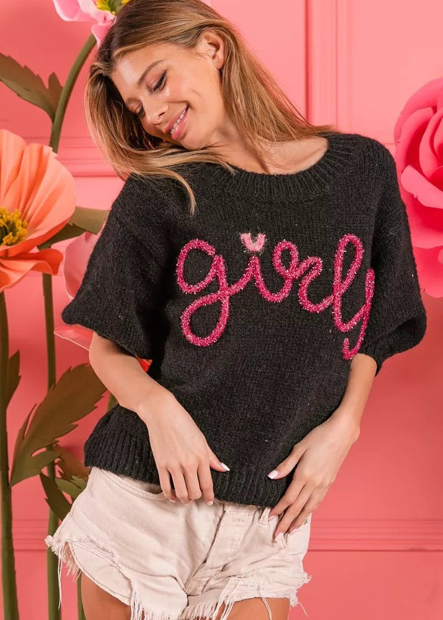 BiBi Metallic Letter Short Puff Sleeve Hairy Sweater - Sleekdenim.com