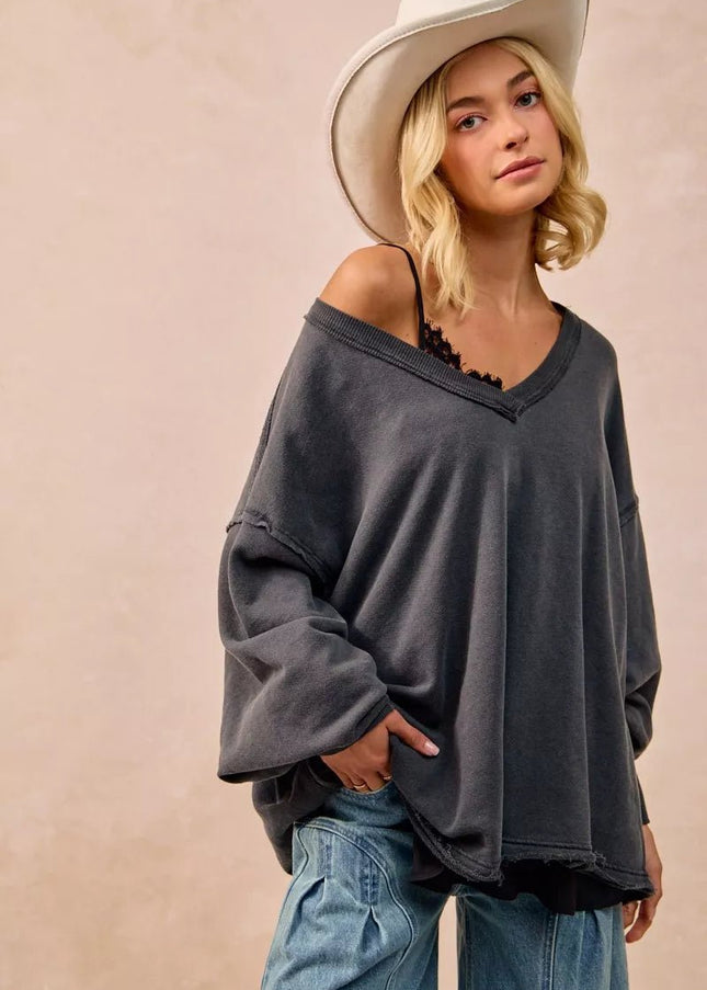 BiBi Mineral Washed French Terry Oversized Sweatshirt - Sleekdenim.com
