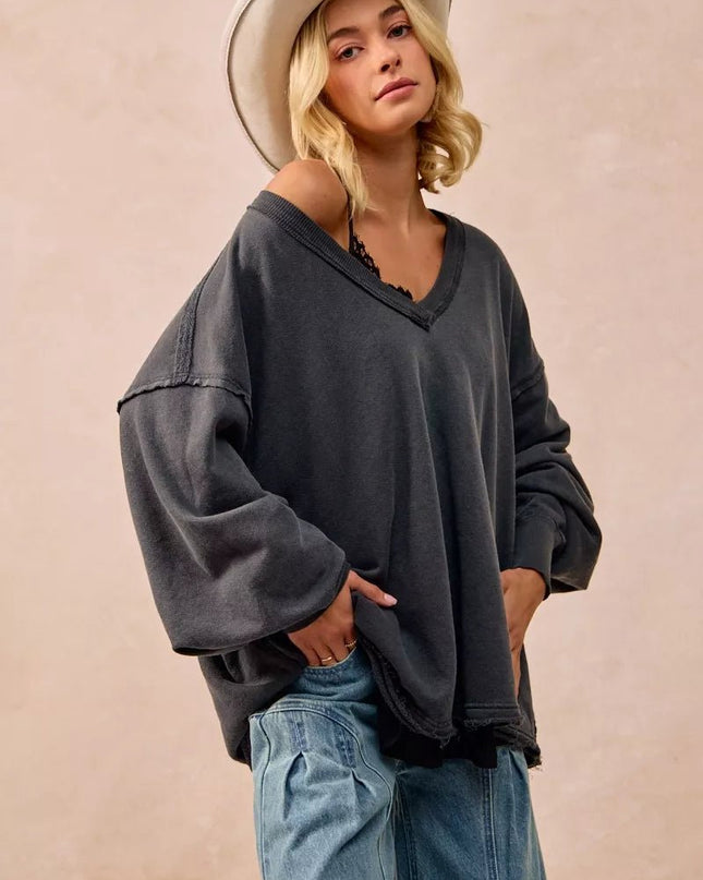 BiBi Mineral Washed French Terry Oversized Sweatshirt - Sleekdenim.com