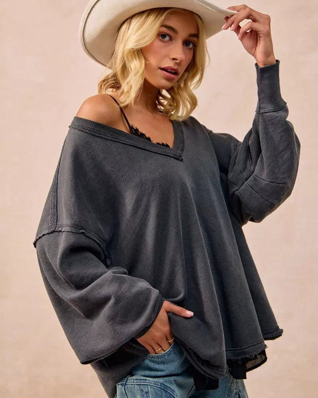 BiBi Mineral Washed French Terry Oversized Sweatshirt - Sleekdenim.com