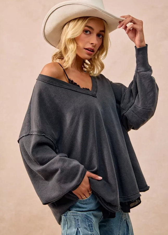 BiBi Mineral Washed French Terry Oversized Sweatshirt - Sleekdenim.com