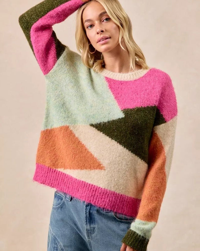 BiBi Multi Color Block Sweater Top - Sleekdenim.com
