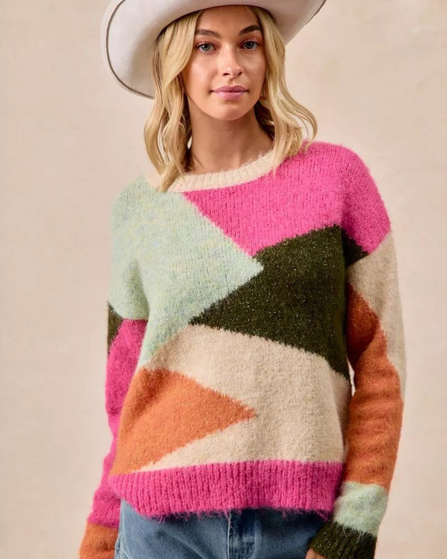 BiBi Multi Color Block Sweater Top - Sleekdenim.com