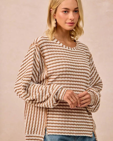 BiBi Open Seam Detail Textured Stripe Knit Top - Sleekdenim.com