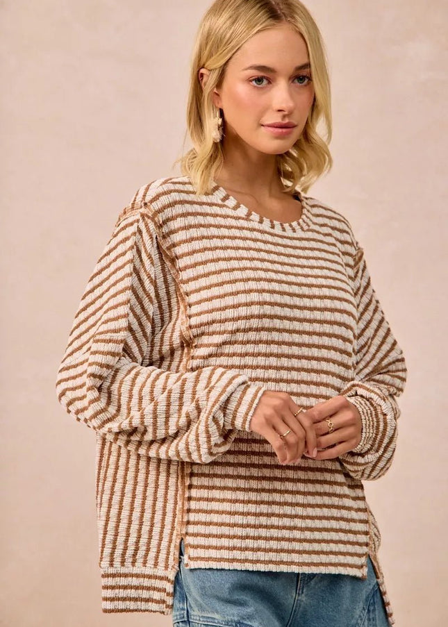 BiBi Open Seam Detail Textured Stripe Knit Top - Sleekdenim.com