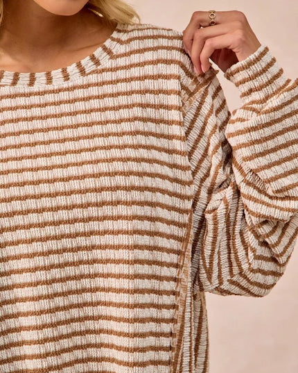 BiBi Open Seam Detail Textured Stripe Knit Top - Sleekdenim.com