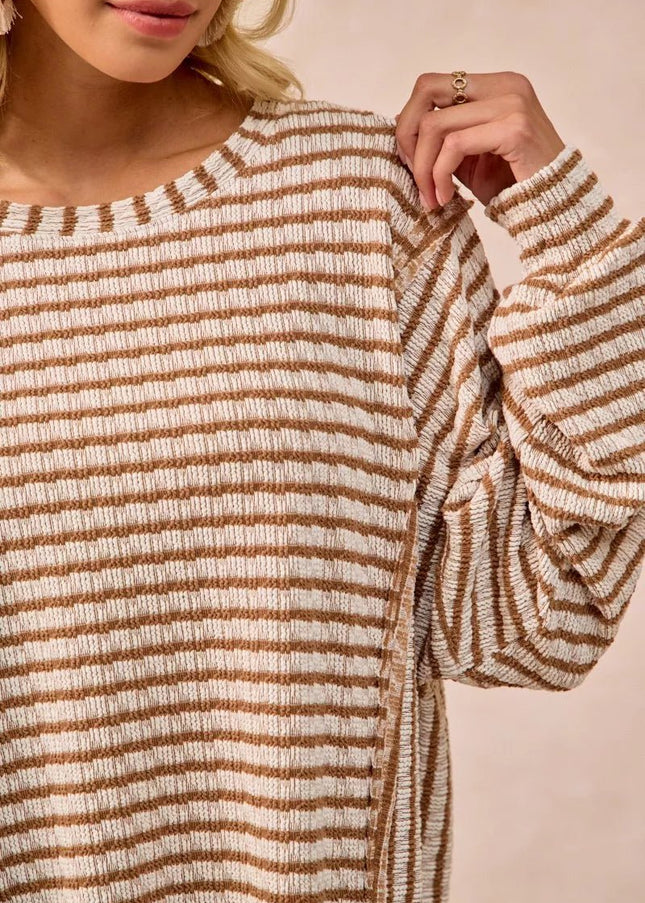 BiBi Open Seam Detail Textured Stripe Knit Top - Sleekdenim.com