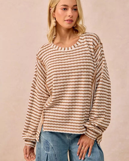 BiBi Open Seam Detail Textured Stripe Knit Top - Sleekdenim.com