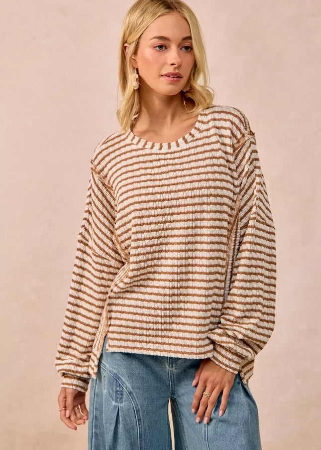 BiBi Open Seam Detail Textured Stripe Knit Top - Sleekdenim.com