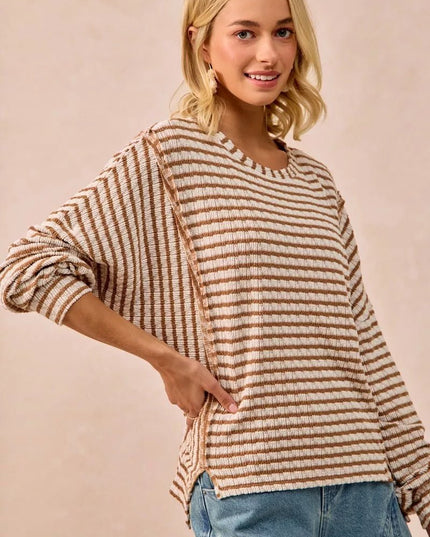 BiBi Open Seam Detail Textured Stripe Knit Top - Sleekdenim.com