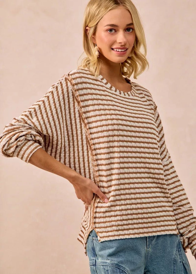 BiBi Open Seam Detail Textured Stripe Knit Top - Sleekdenim.com