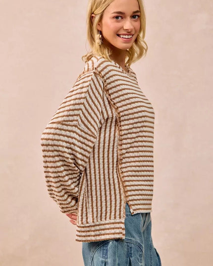 BiBi Open Seam Detail Textured Stripe Knit Top - Sleekdenim.com