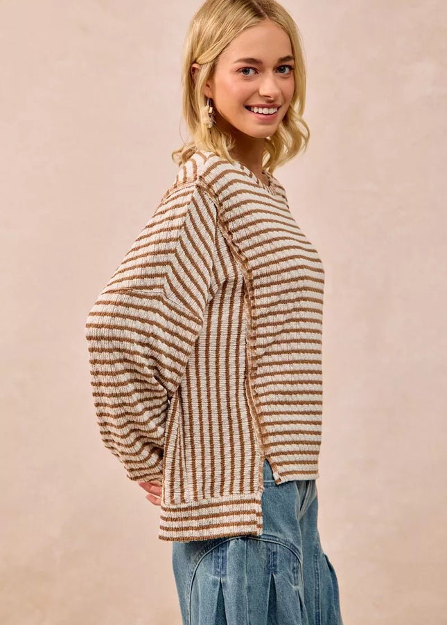 BiBi Open Seam Detail Textured Stripe Knit Top - Sleekdenim.com