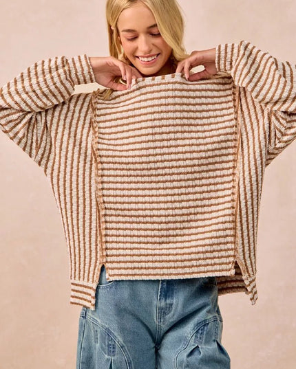 BiBi Open Seam Detail Textured Stripe Knit Top - Sleekdenim.com
