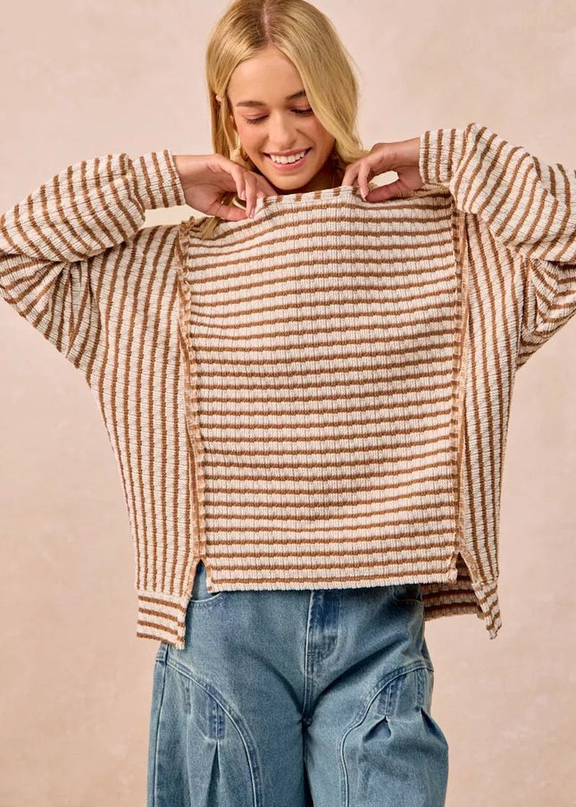 BiBi Open Seam Detail Textured Stripe Knit Top - Sleekdenim.com