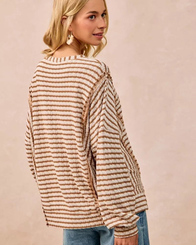 BiBi Open Seam Detail Textured Stripe Knit Top - Sleekdenim.com