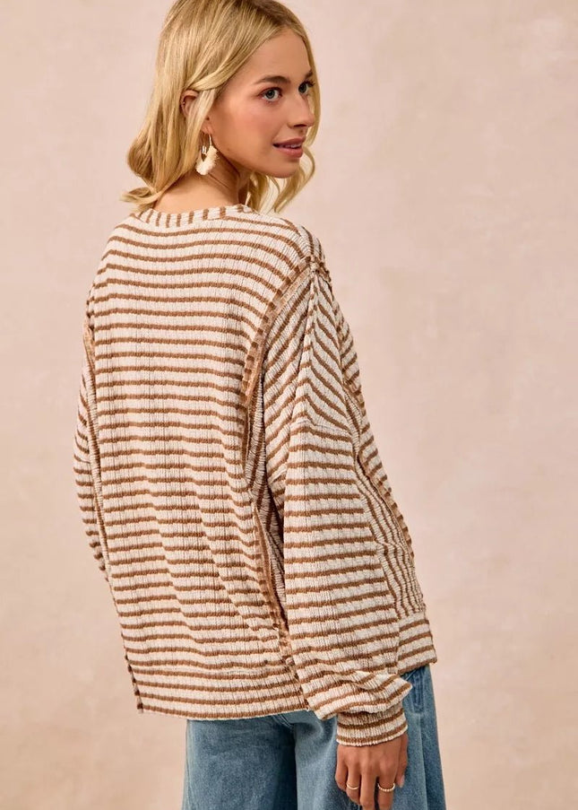 BiBi Open Seam Detail Textured Stripe Knit Top - Sleekdenim.com