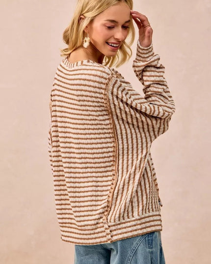 BiBi Open Seam Detail Textured Stripe Knit Top - Sleekdenim.com