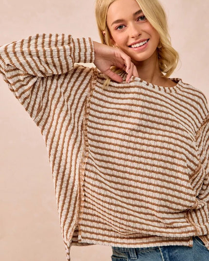 BiBi Open Seam Detail Textured Stripe Knit Top - Sleekdenim.com