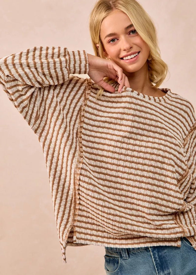 BiBi Open Seam Detail Textured Stripe Knit Top - Sleekdenim.com