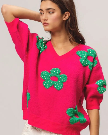 BiBi Pearl Beads Flowers Sweater Top - Sleekdenim.com