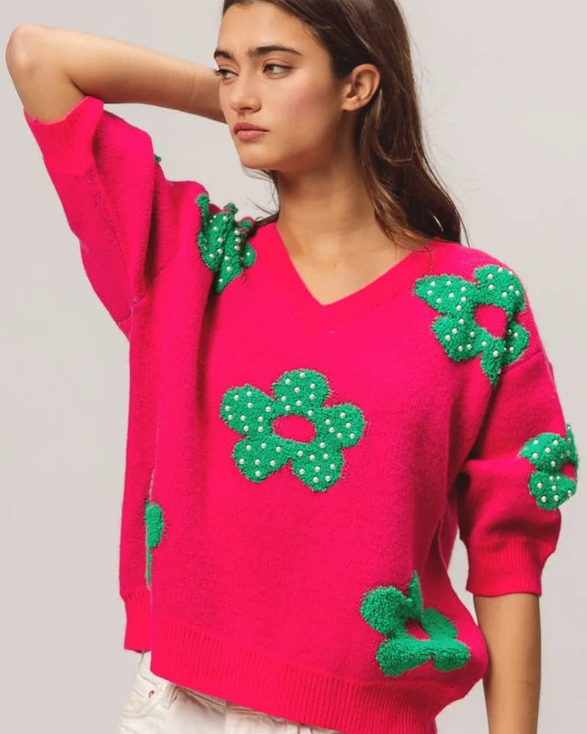 BiBi Pearl Beads Flowers Sweater Top - Sleekdenim.com