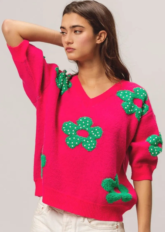 BiBi Pearl Beads Flowers Sweater Top - Sleekdenim.com