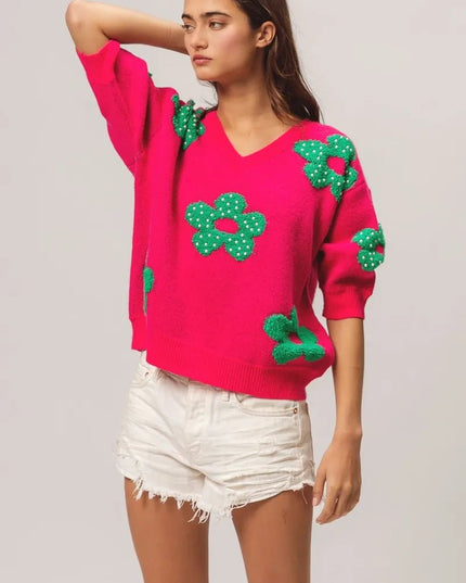 BiBi Pearl Beads Flowers Sweater Top - Sleekdenim.com