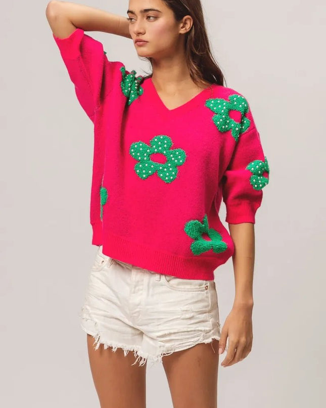 BiBi Pearl Beads Flowers Sweater Top - Sleekdenim.com
