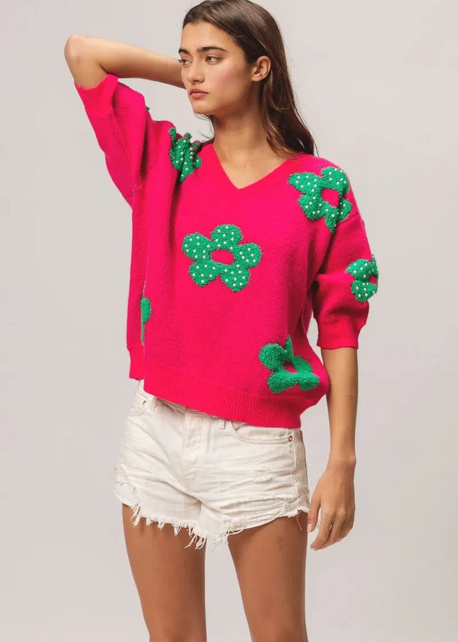 BiBi Pearl Beads Flowers Sweater Top - Sleekdenim.com