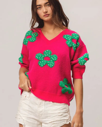 BiBi Pearl Beads Flowers Sweater Top - Sleekdenim.com