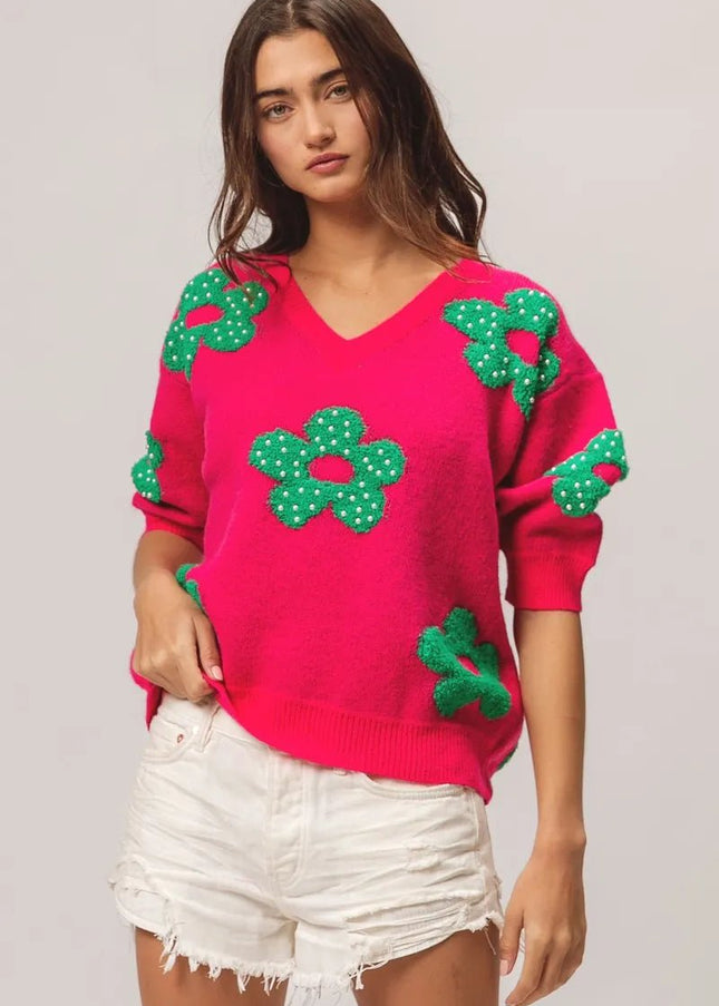 BiBi Pearl Beads Flowers Sweater Top - Sleekdenim.com