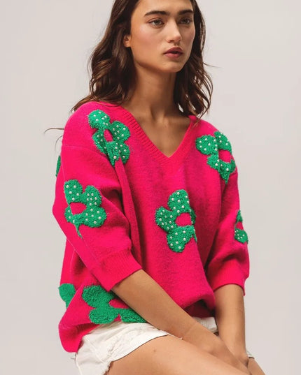 BiBi Pearl Beads Flowers Sweater Top - Sleekdenim.com