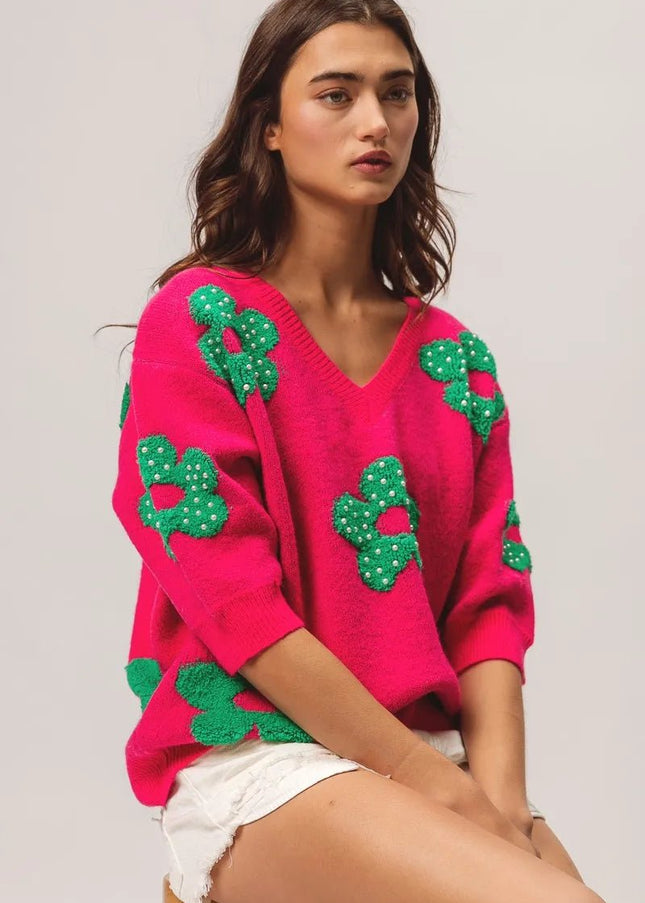 BiBi Pearl Beads Flowers Sweater Top - Sleekdenim.com