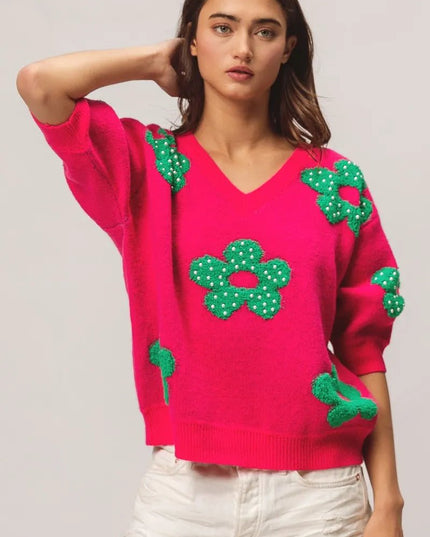 BiBi Pearl Beads Flowers Sweater Top - Sleekdenim.com