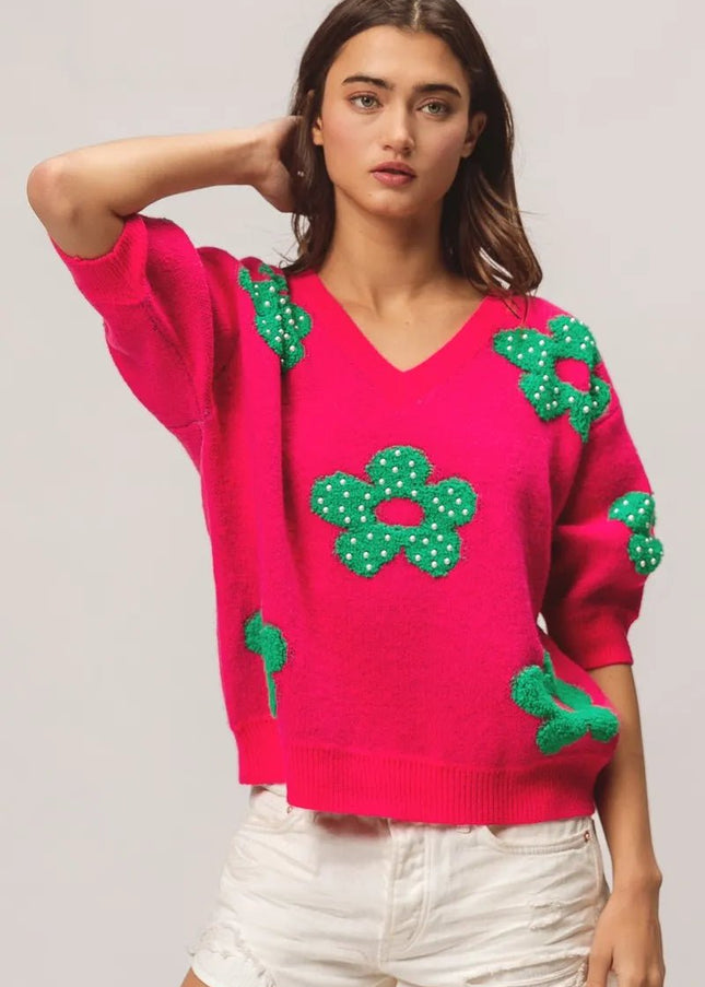 BiBi Pearl Beads Flowers Sweater Top - Sleekdenim.com