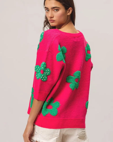 BiBi Pearl Beads Flowers Sweater Top - Sleekdenim.com