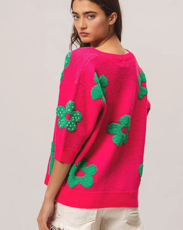 BiBi Pearl Beads Flowers Sweater Top - Sleekdenim.com