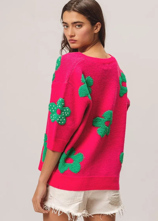 BiBi Pearl Beads Flowers Sweater Top - Sleekdenim.com