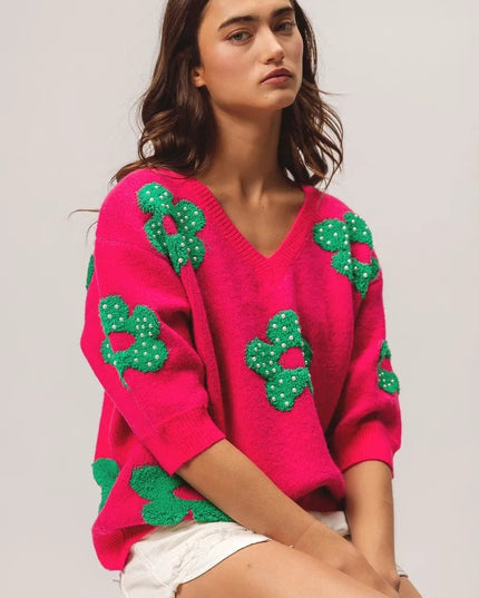 BiBi Pearl Beads Flowers Sweater Top - Sleekdenim.com