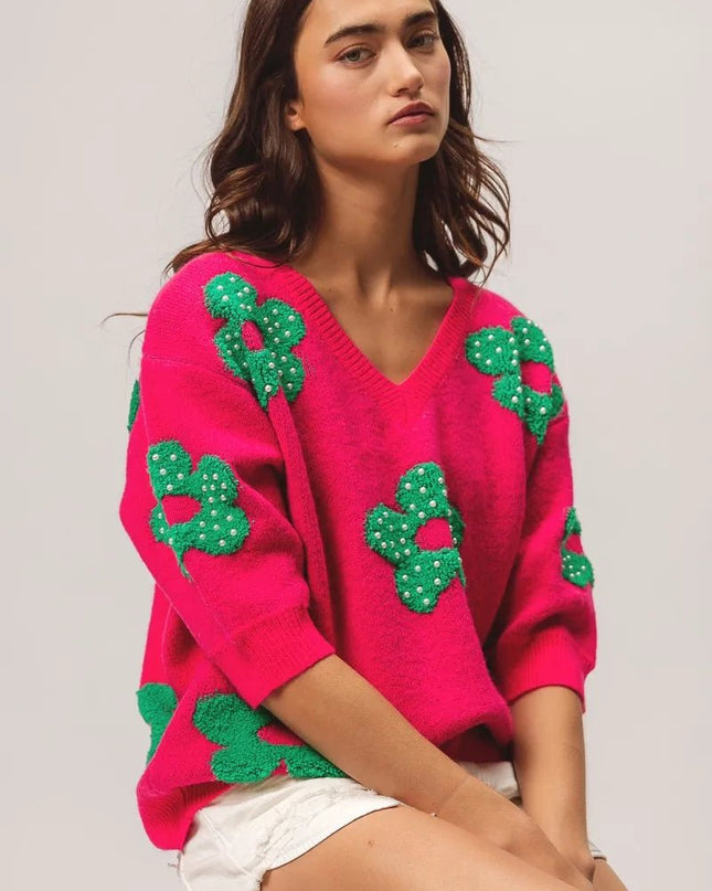 BiBi Pearl Beads Flowers Sweater Top - Sleekdenim.com