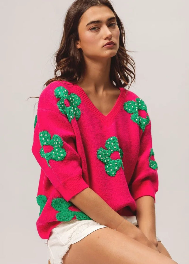 BiBi Pearl Beads Flowers Sweater Top - Sleekdenim.com