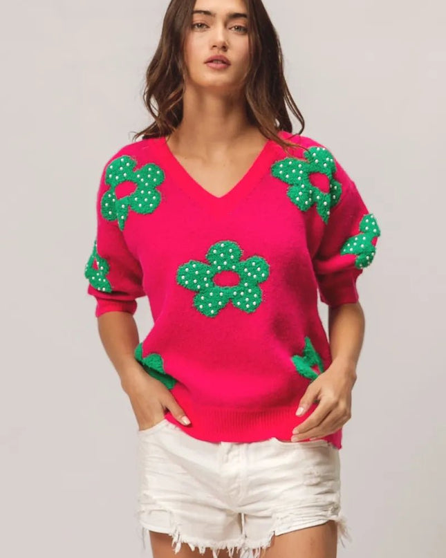 BiBi Pearl Beads Flowers Sweater Top - Sleekdenim.com