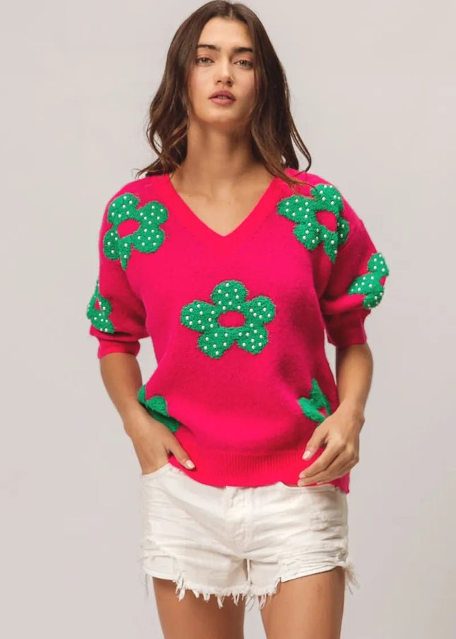 BiBi Pearl Beads Flowers Sweater Top - Sleekdenim.com