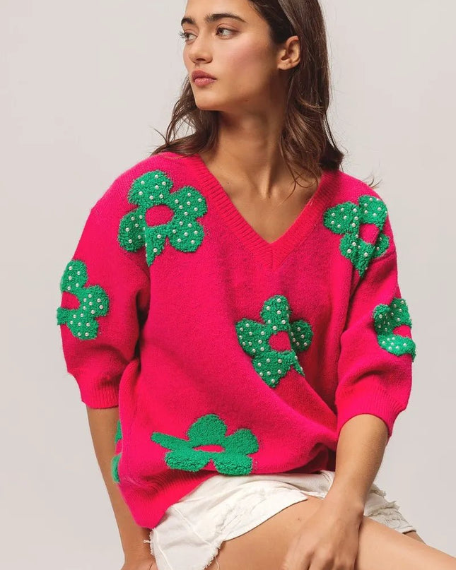 BiBi Pearl Beads Flowers Sweater Top - Sleekdenim.com
