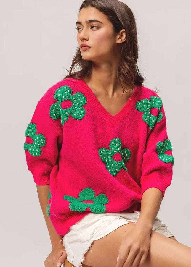 BiBi Pearl Beads Flowers Sweater Top - Sleekdenim.com