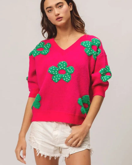 BiBi Pearl Beads Flowers Sweater Top - Sleekdenim.com
