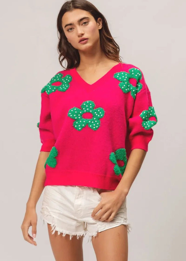 BiBi Pearl Beads Flowers Sweater Top - Sleekdenim.com