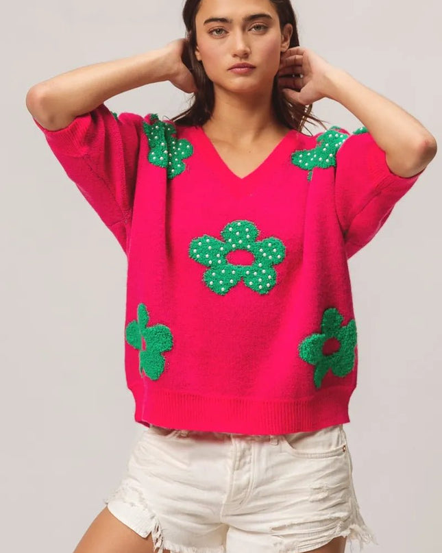 BiBi Pearl Beads Flowers Sweater Top - Sleekdenim.com