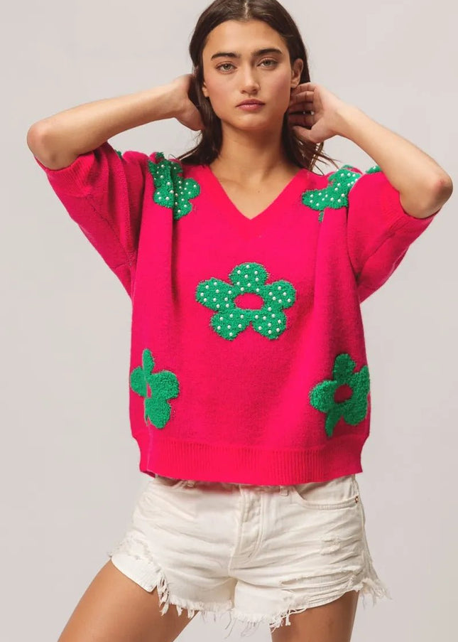 BiBi Pearl Beads Flowers Sweater Top - Sleekdenim.com